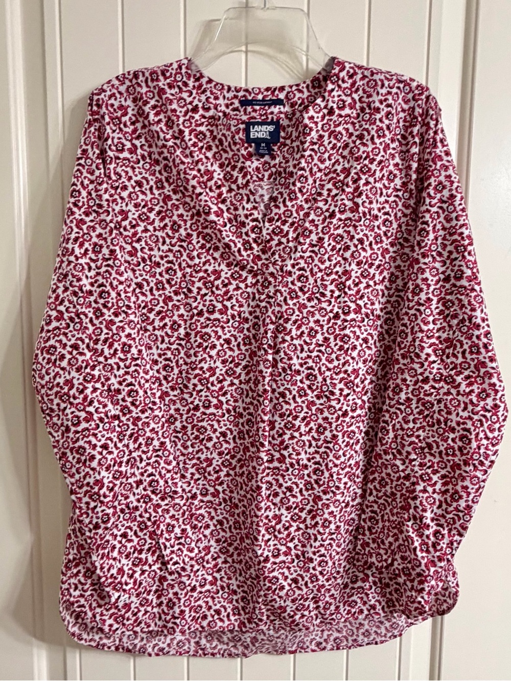 Lands' End White and Red Floral V-Neck Blouse
